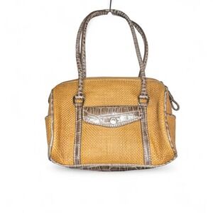 Tan and brown crocodile print shoulder bag with silver hardware